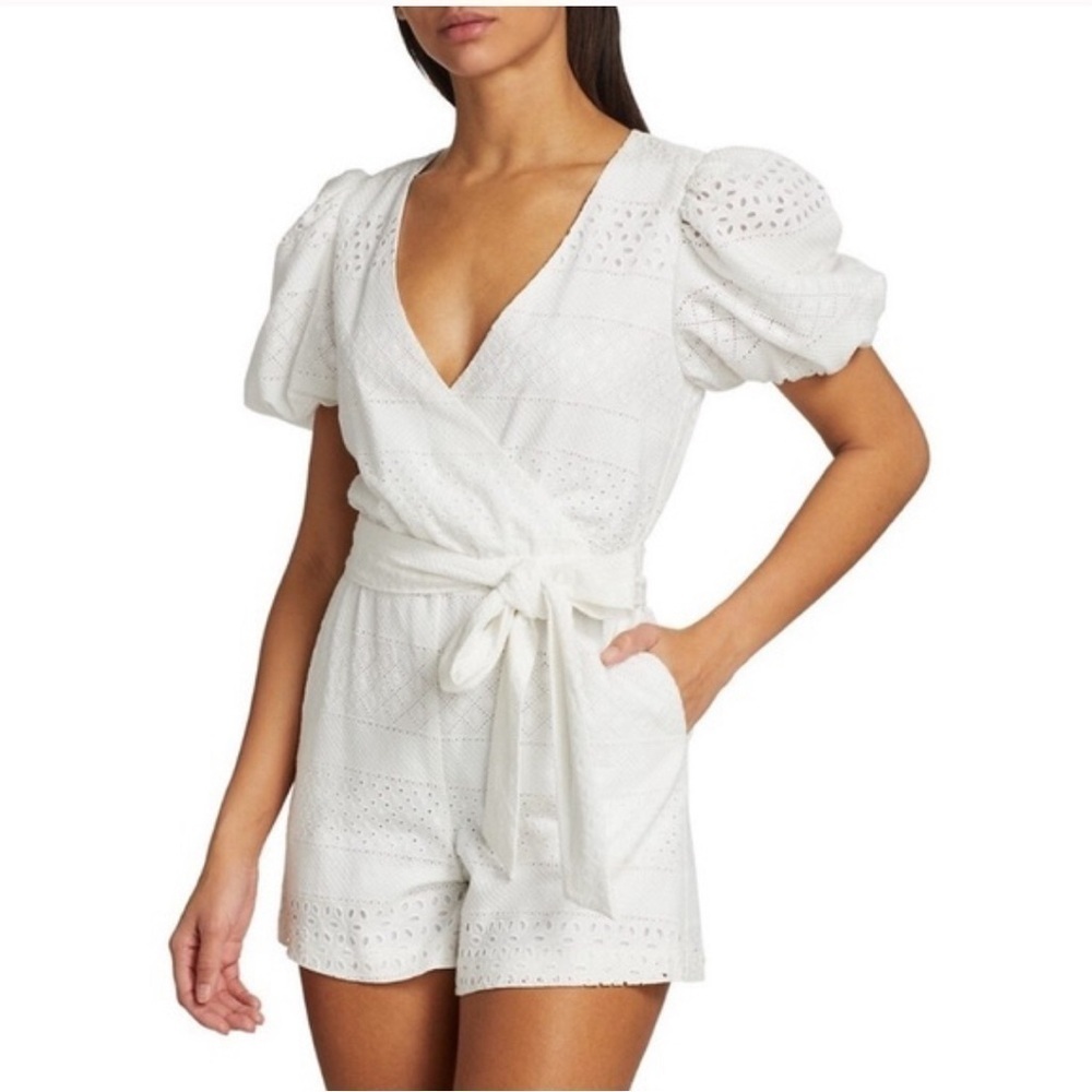 Alice + Olivia Paulina Puff Sleeve Eyelet Romper - Picture 3 of 12